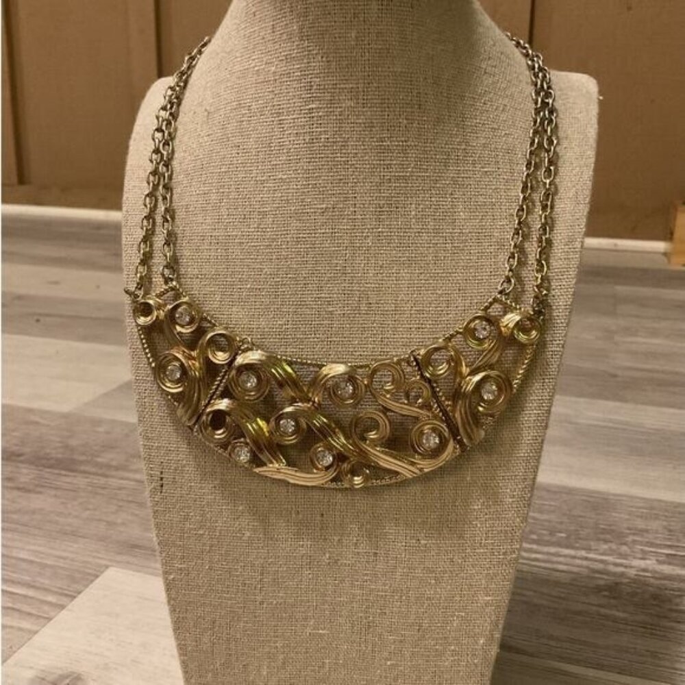 Gold Tone Clear Rhinestone Double Chain Scrolling Filigree Bib Necklace